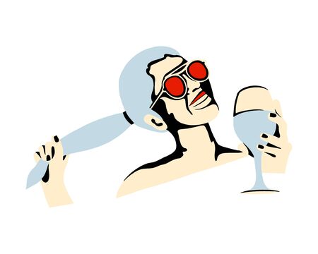Vector graphic illustration of girl, drinking wine. Beautiful silhouette simple close up face with sunglasses, wineglass. minimalistic style, vintage, street art, Vector design, hand drawn sketchのイラスト素材