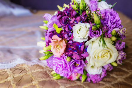 bridal bouquet with white and purple roses, and hydrangeasの写真素材