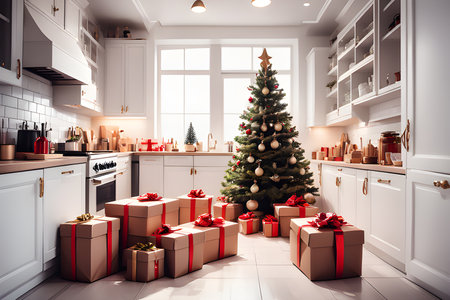 Christmas gift boxes. New Years kitchen interior with a fir tree and branches.の素材