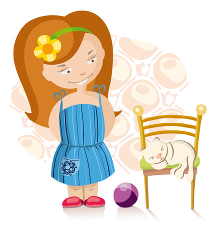 little cute girl and kitten sleeping  on the chairのイラスト素材