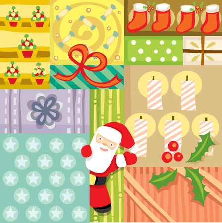bright color new year pattern, gifts and Santa Clausのイラスト素材