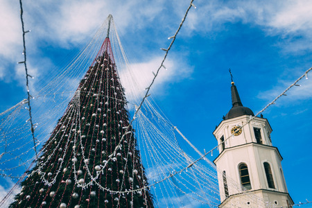 Day view of decorated and illuminated Christmas Tree on the Cathedral Square, Vilnius, Lithuania.の写真素材