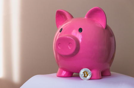 Pink piggy bank in the form of a pig and a nearby coin bitcoinの写真素材