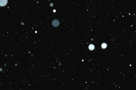 Flakes of snow falling on a black background. Isolatedの写真素材
