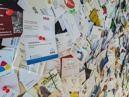 TALLINN, ESTONIA - MAY 2018 - A large number of business cards aのeditorial素材