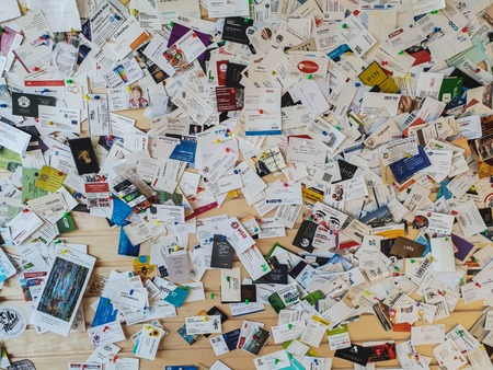 TALLINN, ESTONIA - MAY 2018 - A large number of business cards aの写真素材
