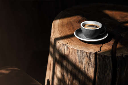 Coffee cup on solid oak stump coffee table. Natural shadows from sunlightの写真素材