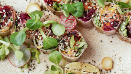 Vietnamese rice paper rolls. Asian cuisine food. Spring rolls