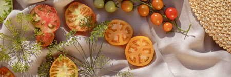 Organic fresh tomatoes with fresh herbs from home garden on a linen tablecloth. Healthy ecological...