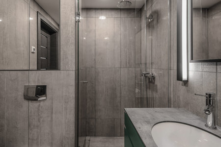 Modern minimalist bathroom interior design with grey stone tiles and green furniture