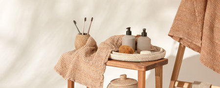 Natural waffle linen towels in earth tones on wood bench and towel ladder with bamboo toothbrushes,...