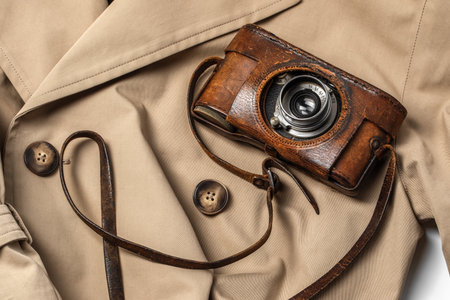 Old vintage camera with 50mm lens in brown leather case on beige trench coat