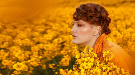 Portrait of red haired women dressed in trendy fall orange trench coat in colourful orange field. Fashion clothes autumn lookの写真素材