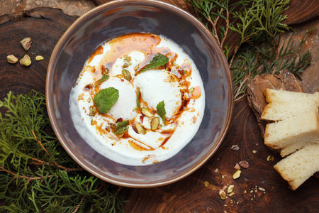 Turkish poached eggs or Cilbir on a bed of light yoghurt topped with chilli oil, pistachios and mint leaves.の写真素材