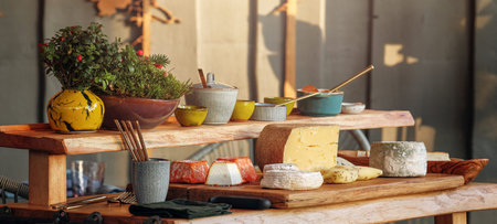 Cheese assortment served on wood table.の写真素材