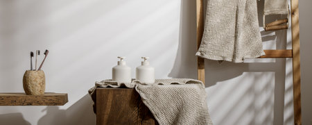 Organic waffle linen towels, bathroom zero waste accessories on solid oak stump in modern bathroom interior. Daily body care, spa and wellness zero waste bathroom conceptの写真素材