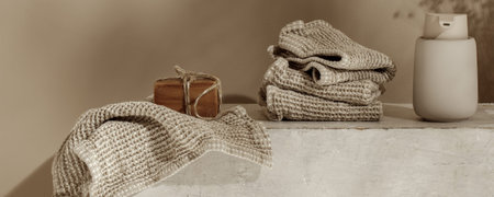 Organic handmade soap on waffle linen towel and beige soap dispenser. Bathroom zero waste...