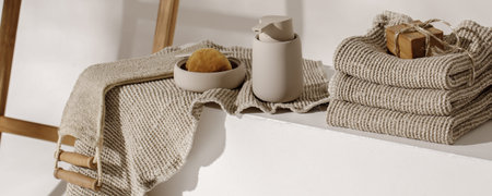 Organic handmade soap, waffle linen towels, sea sponge, beige soap dispenser, exfoliating body strap. Bathroom zero waste accessories. Daily body care, spa and wellness zero waste bathroom conceptの写真素材