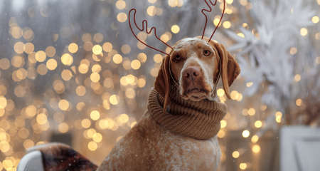 New year and Christmas concept with Braque Du Bourbonnais dog wearing reindeer antlers headband in snowの写真素材