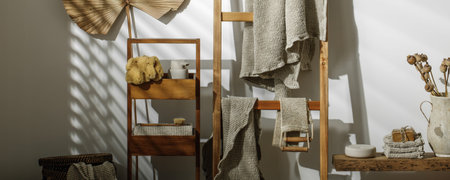 Organic handmade soap, sea sponge, waffle linen towels hanging on wood ladder, beige soap dispenser,...