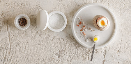 One boiled egg in stoneware egg cup with egg shell broken pieces in concrete tray, salt flakes and...