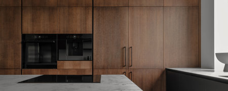 Modern minimalistic kitchen with black and wooden surfaces, marble kitchen island top and household appliances. Modern Concept For Interior Design And Architecture.の写真素材