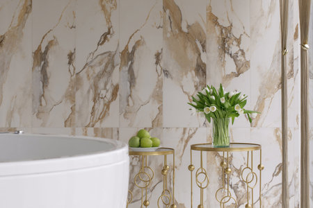 Green apples and white tulips on coffee table in lounge zone against marble tiles wall.  Spa,...