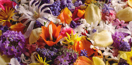 Floral gardening background with variety of colourful garden flowers. Spring concept