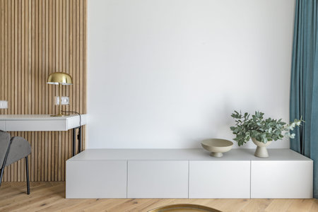 Modern minimalist interior design  with wooden furniture, oak floor in Scandinavian style. ...