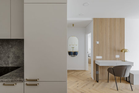 Modern minimalist interior design  with wooden furniture, oak floor in Scandinavian style. ...