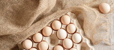 Fresh organic chicken eggs in carton pack or egg paper container on a sacking. Zero waste packaging...