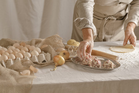 Womenâs hands, flour and dough. A woman is preparing a dough for home baking. Concept of home cooking with organic and natural ingredients. Zero waste conceptの写真素材
