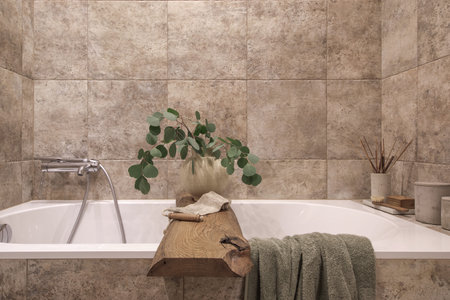 Modern Japandi bathroom interior design in earth tones, natural textures with wooden solid oak furniture. Japandi conceptの写真素材