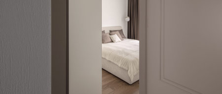 Modern minimalistic bedroom interior design in brown and white shadesの写真素材