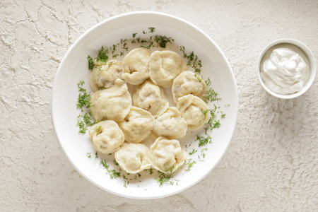 Plate of boiled dumplings with sour cream sauce on white textured backgroundの写真素材