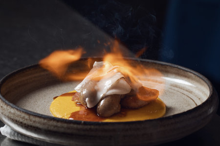 Sausage served on ceramic plate with burning bacon on top. Food styling concept