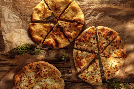 A traditional khachapuri  basking in sunny light against a rustic wooden background, highlighting...