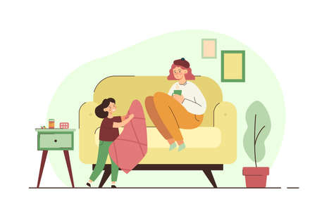 Child giving blanket to sick mother or sister. Fever, illness, medication, high body temperature. Healthcare and isolation concept. Modern flat vector illustrationのイラスト素材