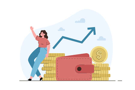 Tiny woman standing near piles of coins. Financial investing concept, profit growth, iincrease wealth. Safe economical fund deposit strategy. Modern flat vector illustrationのイラスト素材