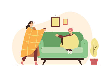 Woman with thermometer in mouth giving medicine to a sick man. Fever, illness, medication, high body temperature. Healthcare and isolation concept. Modern flat vector illustrationのイラスト素材