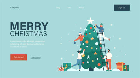 Happy family or group of friends decorating Christmas tree with ornaments and garlands concept. People preparing for winter holiday celebration landing page template. Modern flat vector illustrationのイラスト素材