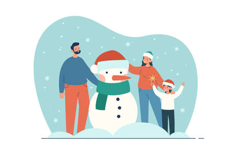 Happy family making snowman outdoor. Mother, father and child in winter clothes in december on snowy background. Winter activities concept. Modern flat vector illustrationのイラスト素材