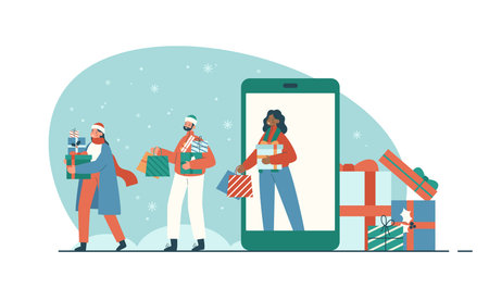 Happy people buying presents online by smartphone app. Men and women in winter clothes carry new year presents and shopping bags. Christmas sale technology concept. Modern flat vector illustrationのイラスト素材