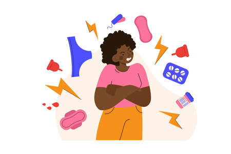Angry black woman during menstruation. Female character experience mood change. PMS, hormonal disbalance, stress concept. Modern flat vector illustrationのイラスト素材