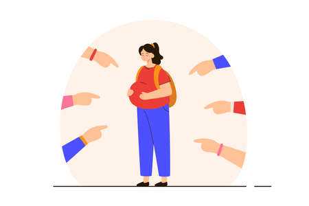 Crowd pointing at pregnant teen and shaming young mother. Unwanted and early pregnancy concept. Modern flat vector illustrationのイラスト素材