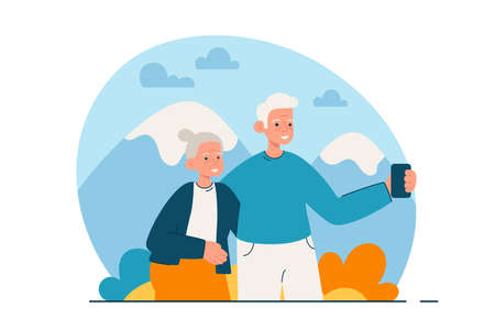 Elderly couple making selfie et the mountains. Happy aged man and woman on vacation together. Active retirement lifestyle and tourism concept. Modern flat vector illustrationのイラスト素材