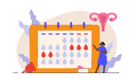 Happy black woman at period calendar with uterus, tampons and cup. Menstrual cycle schedule. PMS and ovulation checking concept. Modern flat vector illustrationのイラスト素材