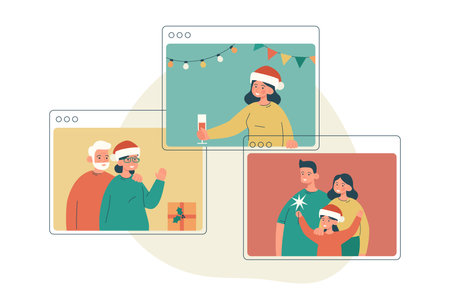 Happy family members making christmas video call. Meeting together online during isolation. Remote holiday greetings concept. Modern flat vector illustrationのイラスト素材