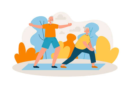 Elderly couple doing yoga in park. Happy aged man and woman doing exercises outdoors. Active retirement, sport and healthy lifestyle concept. Modern flat vector illustrationのイラスト素材