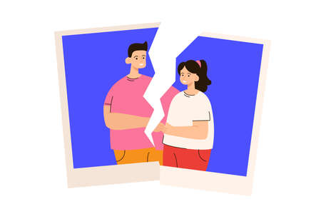 Happy man and woman on ripped photo. Two smiling characters standing together. Family crisis, breakup and divorce concept. modern flat vector illustrationのイラスト素材